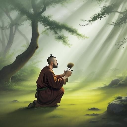 Monk and Wild Boar in Forest, Watercolor Style