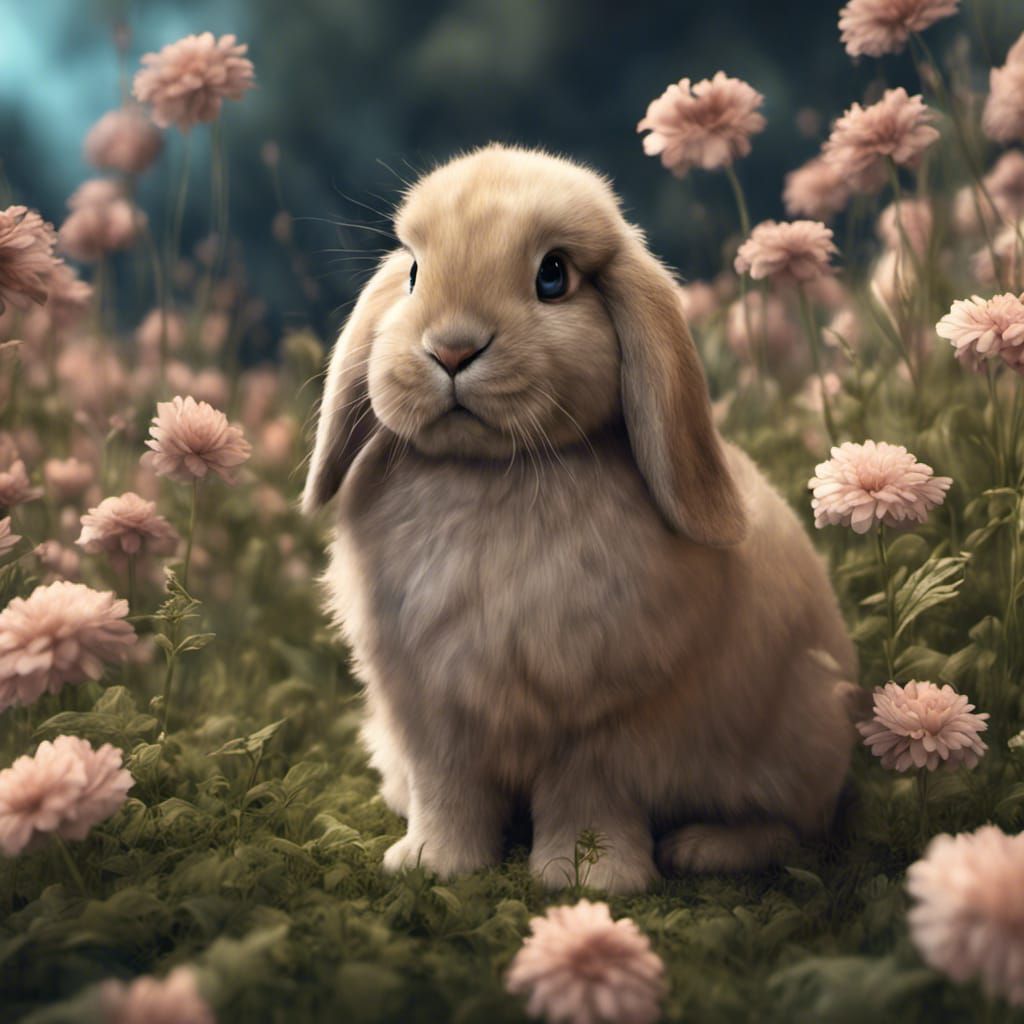 Holland Lop Bunny in Flower Field: Fantasy Art