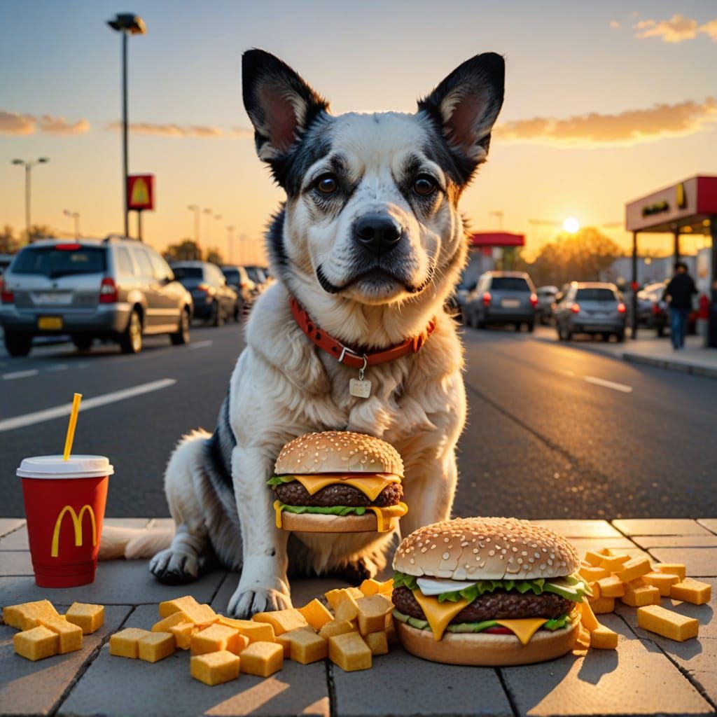 Cubist Dog Enjoys Burger at McDonald's