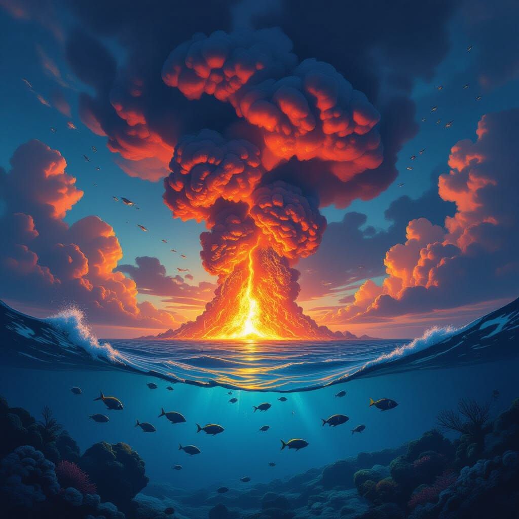 Underwater Volcano Eruption in Photorealistic Style