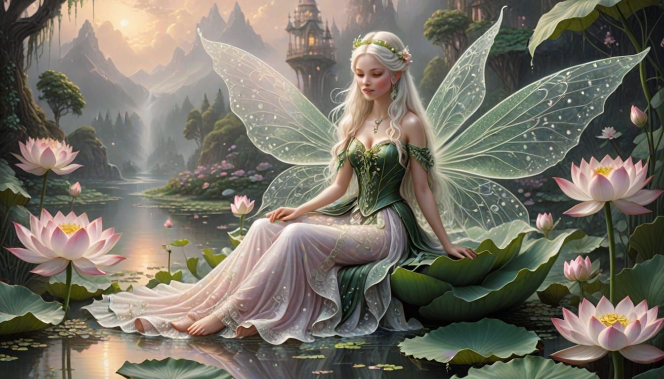 Ethereal Fairy in Lotus Flower with Pearl Details