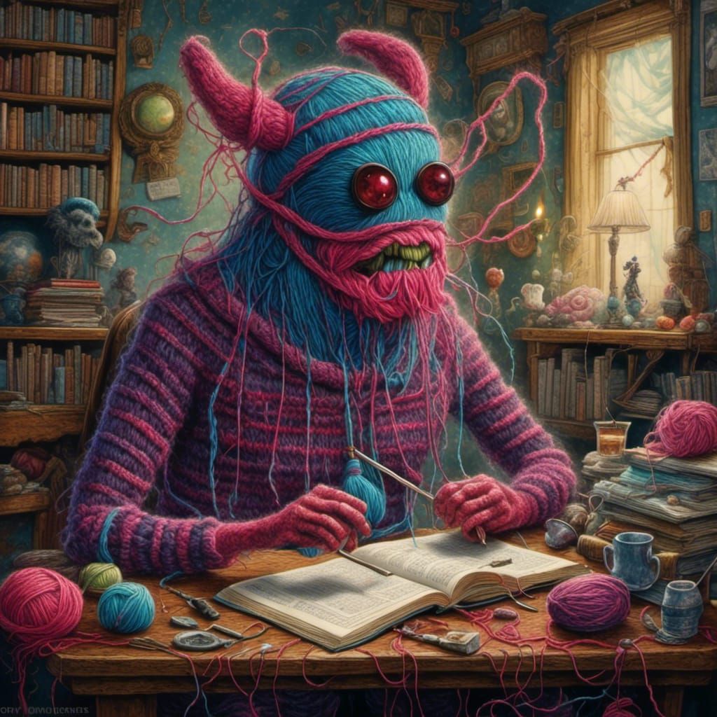 Yarn Monster Knitting: A Pop Surrealism Scene