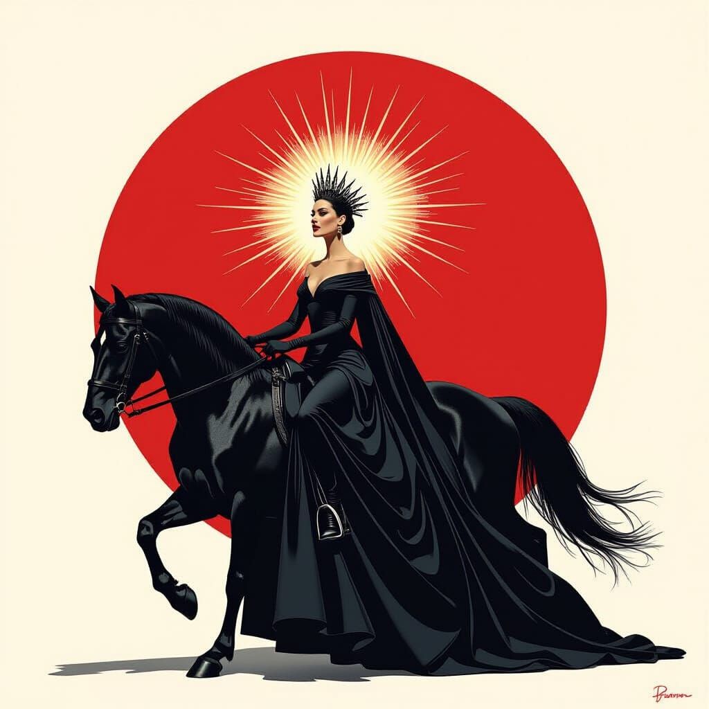 Elegant Woman on Horse in Crimson Landscape