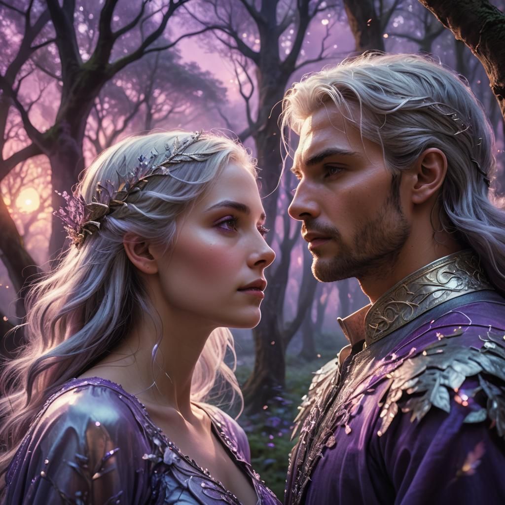 Ethereal Couple Gazing in Mystical Forest, Digital Art