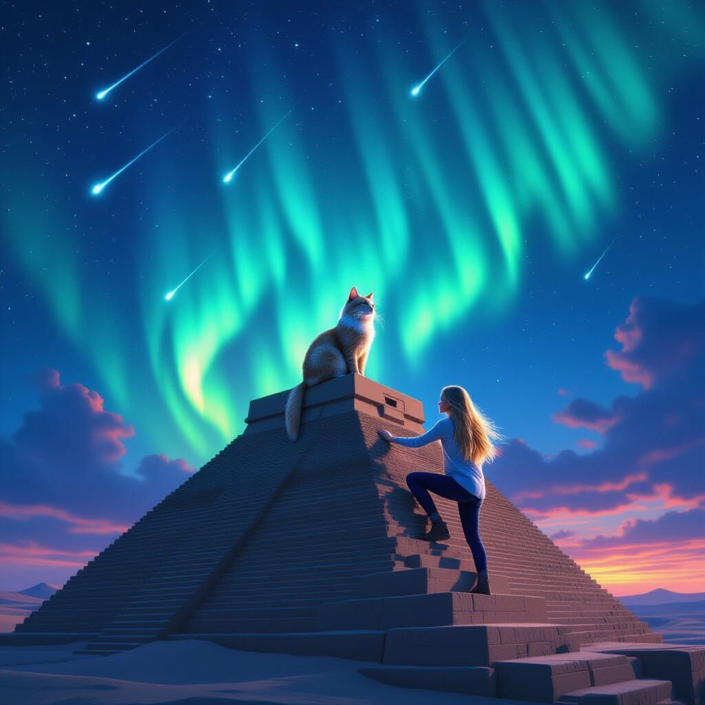 Cat on Pyramid Under Magical Northern Lights Sky