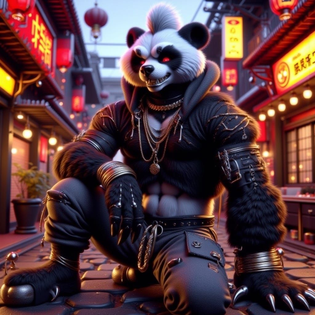 Cyberpunk Panda Warrior in Chinatown