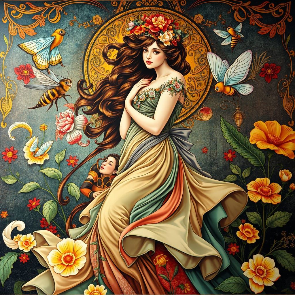 Ethereal Goddess in Art Nouveau Mural