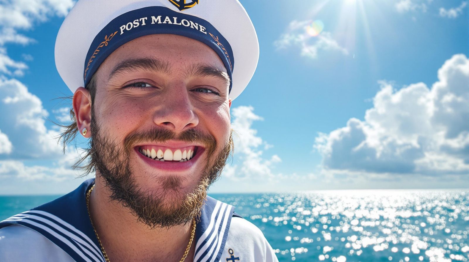 Post Malone as a Joyful Sailor in a Sunny Ocean Setting