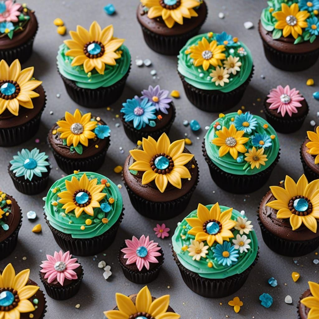 Spring-Inspired Cupcakes with Jewels and Crystal Decorations