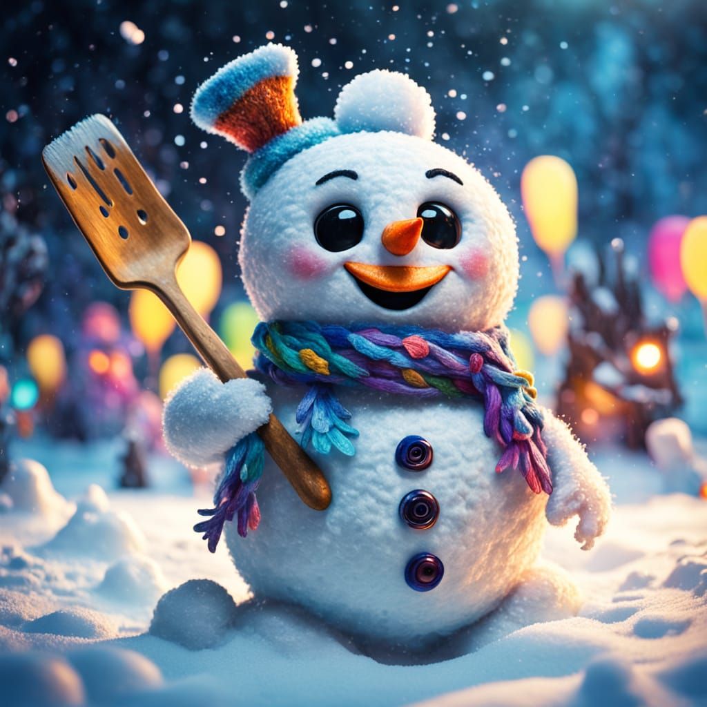 Happy Snowman with Spatula in Vibrant Digital Art