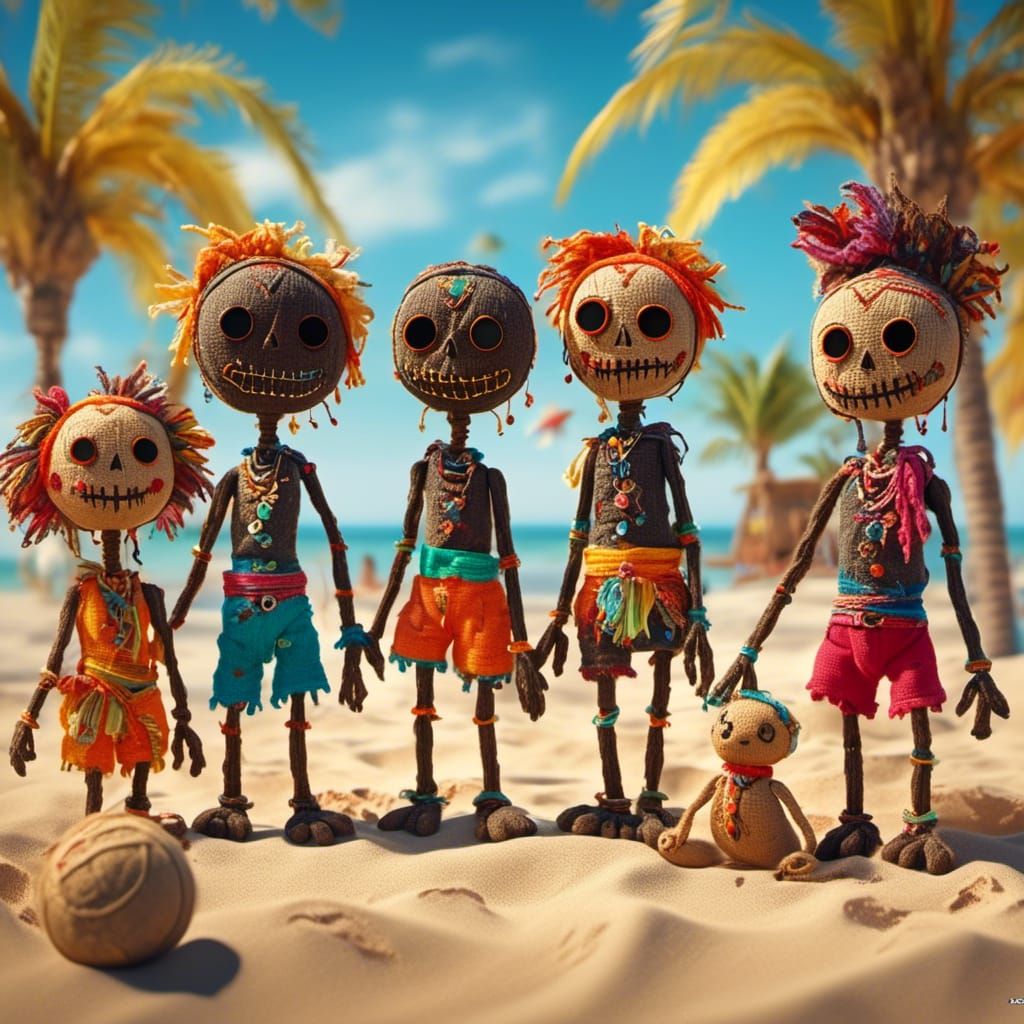 Voodoo Dolls Play Beach Volleyball: Vibrant Digital Art