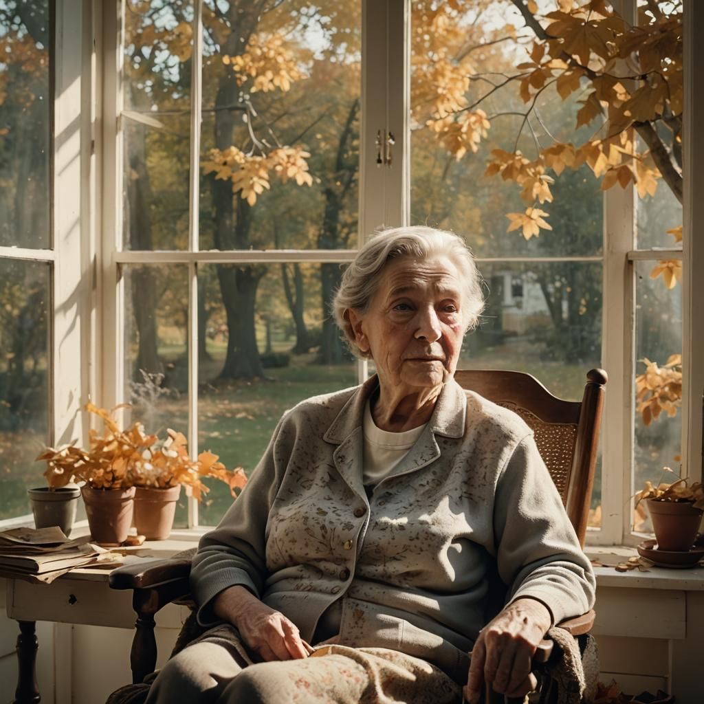 Elderly Woman Watching Leaves Fall: Cinematic Still