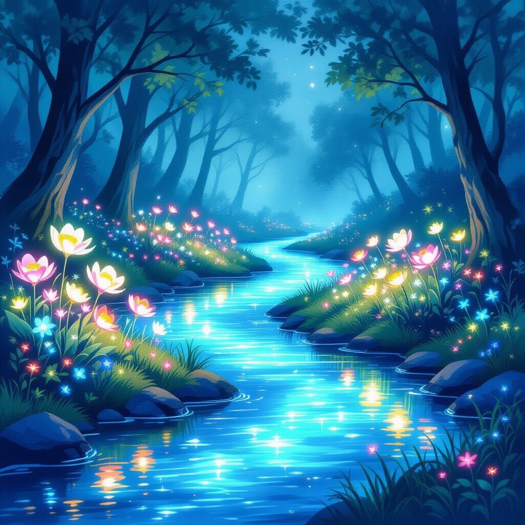 Magical Glowing Flowers by a Luminous River in Watercolor St...
