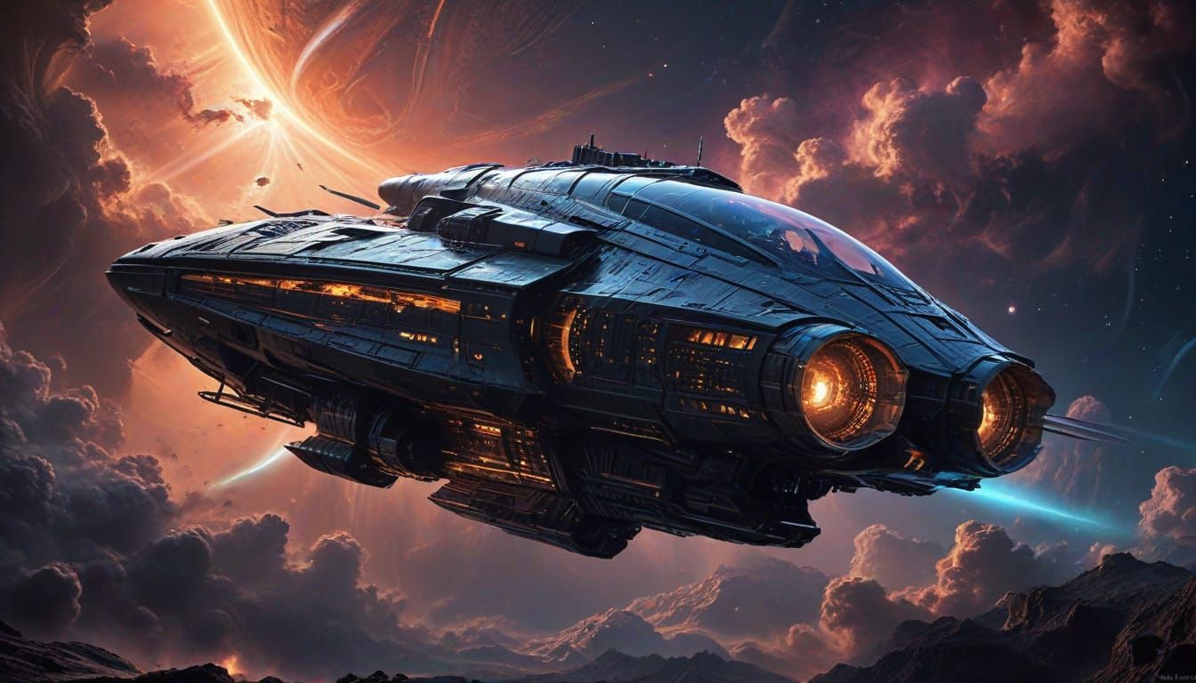 Cosmic Spacecraft Silhouetted Against Swirling Nebula