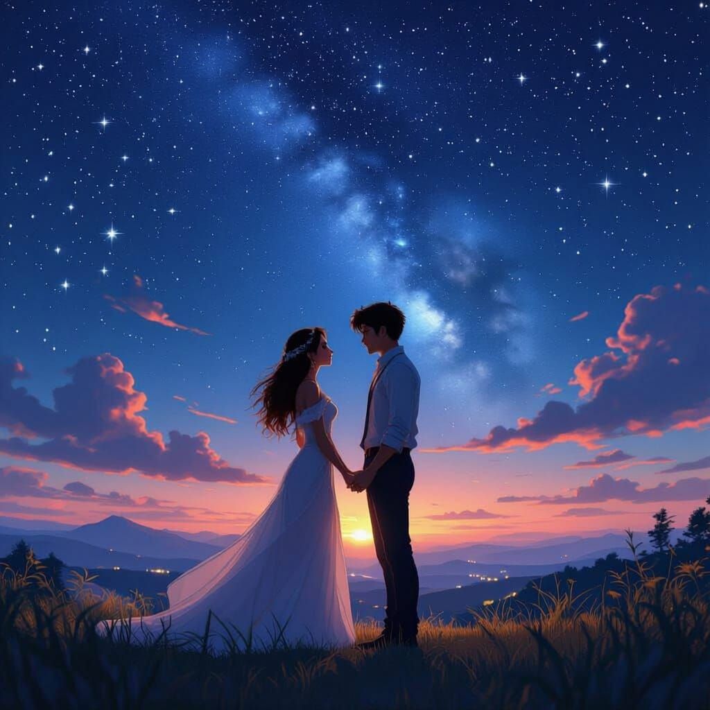 Romantic Encounter Under Starry Night Sky