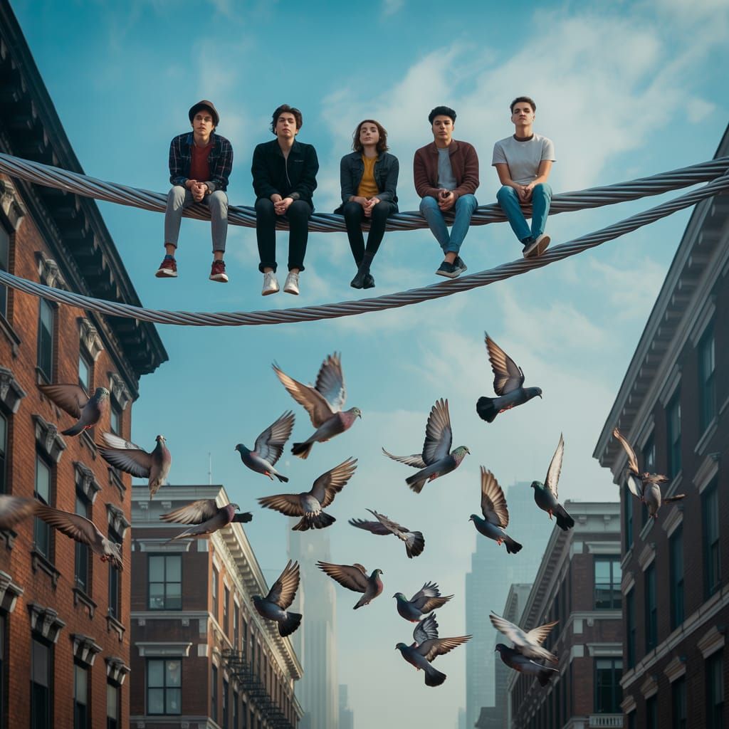 People Perched on Electrical Wires Above Startled Birds