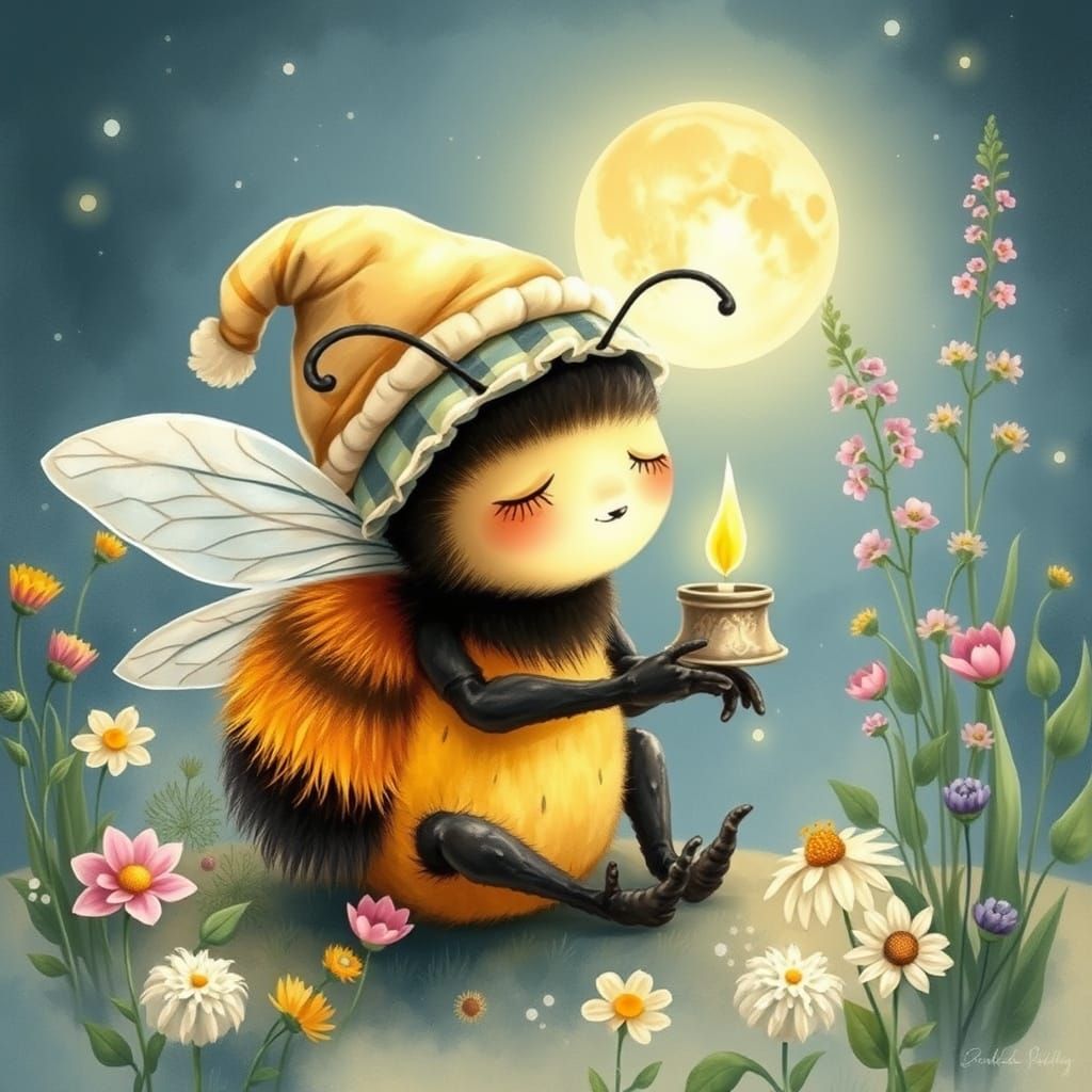 Sleepy Bumblebee in Moonlit Garden, Watercolor Style