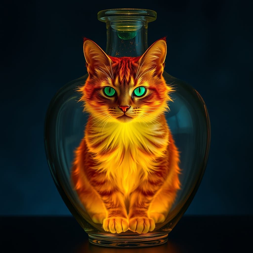 Majestic Cat in Glass Bottle, with Ethereal Glow