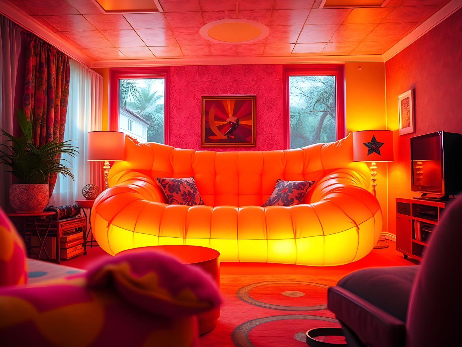 Vibrant 60s Retro Interior with Groovy Orange Sofa