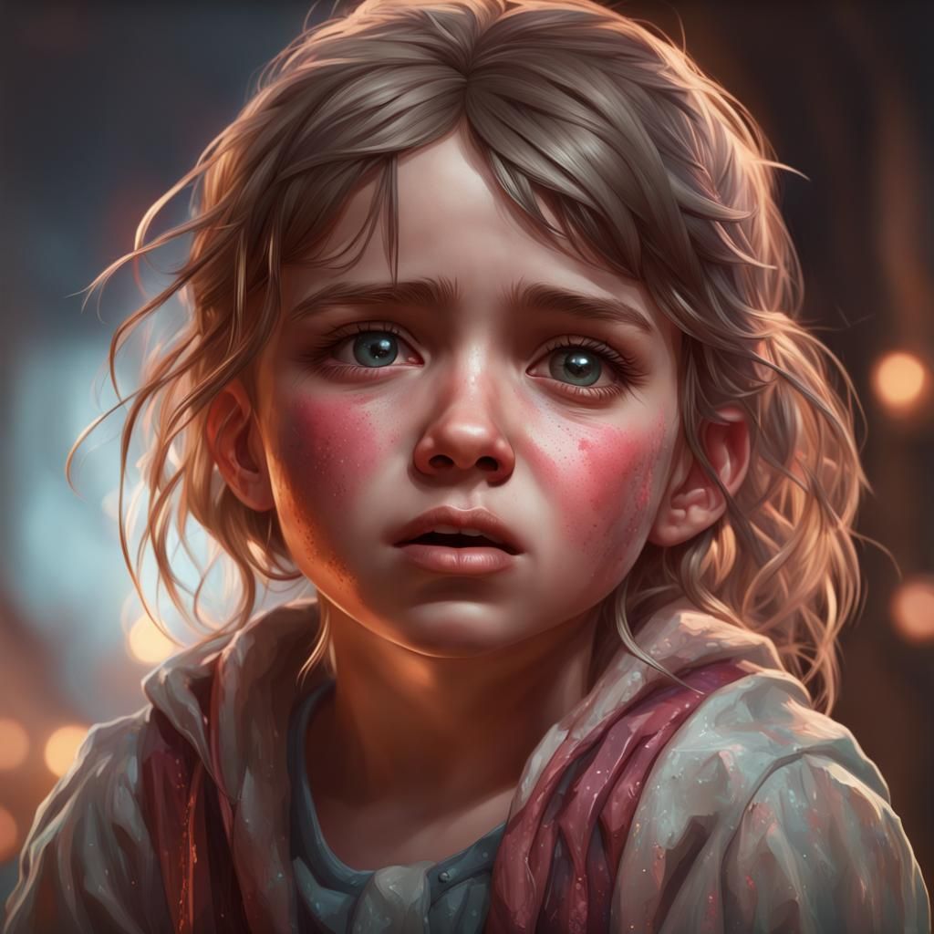 Sad Little Girl Portrait in Hyperdetailed Style