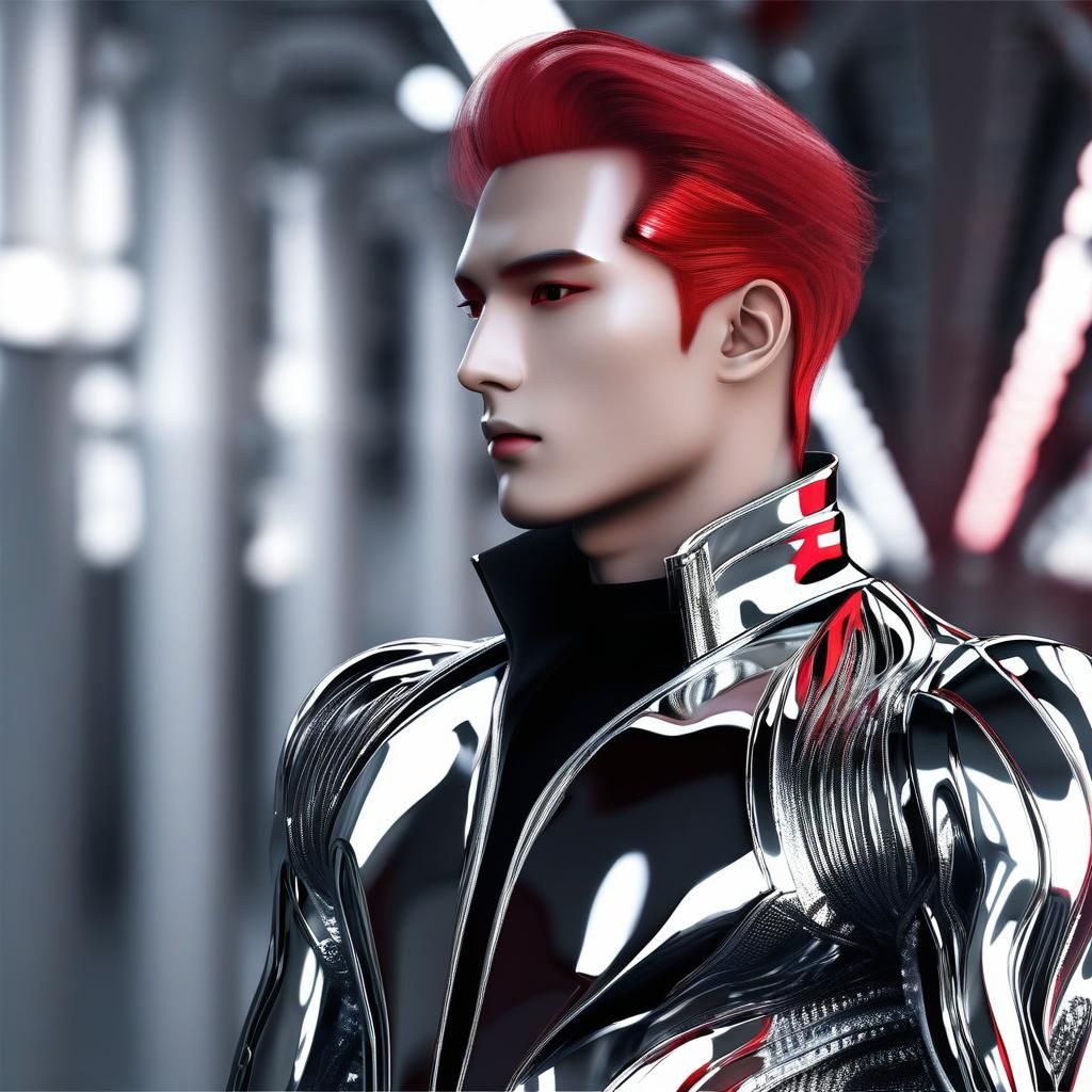 Silver Chrome Android with Red Hair