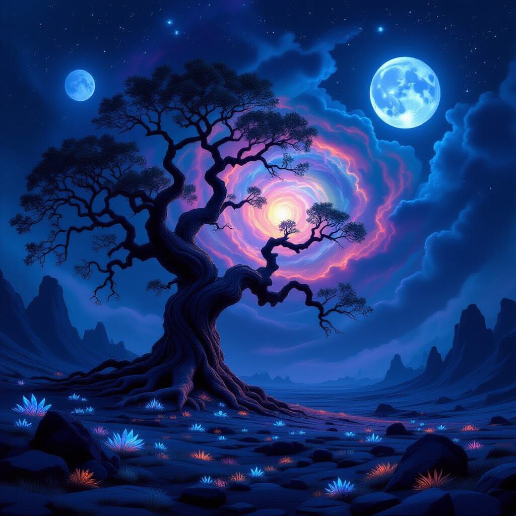 Ancient Oak Under Cosmic Nebula on Alien World