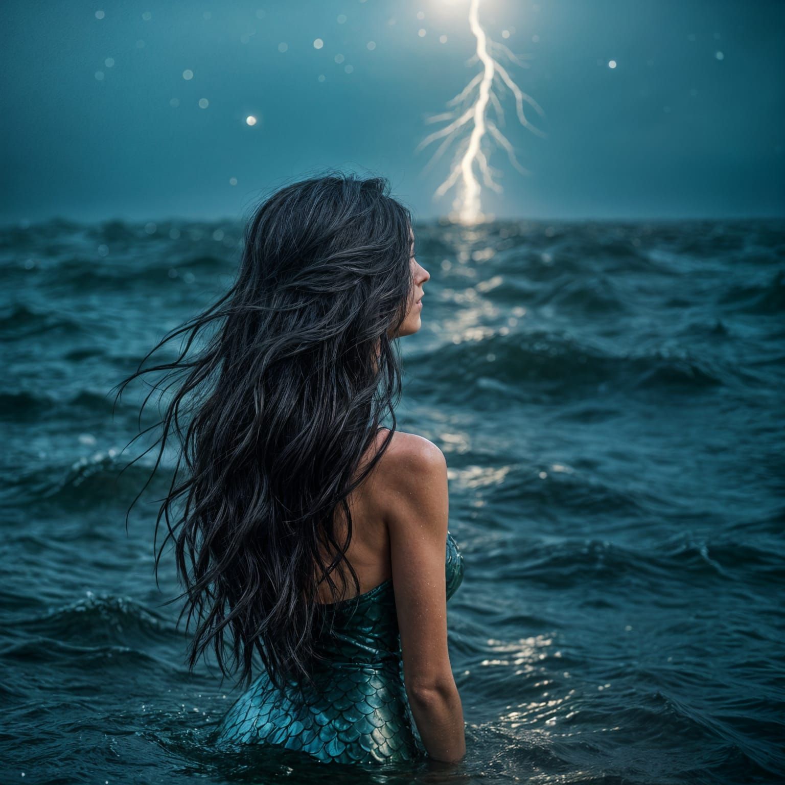 Mermaid Watching Perseid Meteor Shower Over Wild Sea