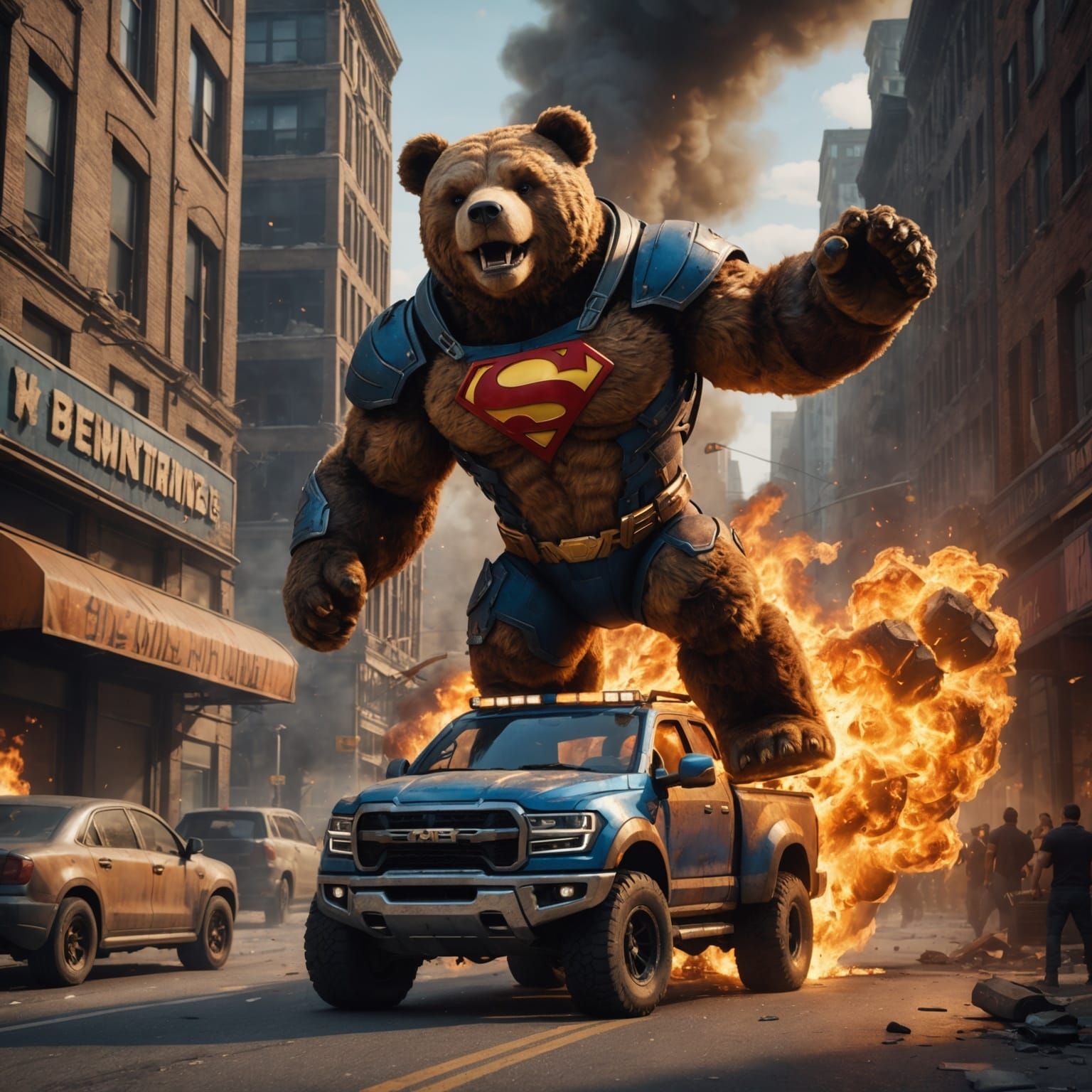 Muscular Teddy Bear Superhero in Burning City