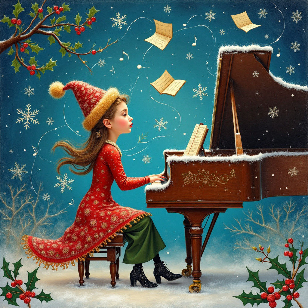 Surreal Christmas Musician at Piano, Dreamlike Art