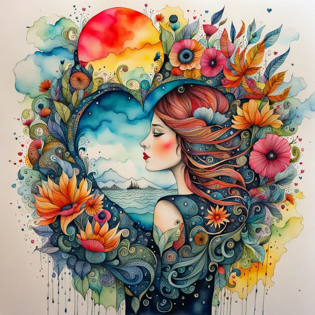 Emotional Love in Surreal Watercolor and Ink
