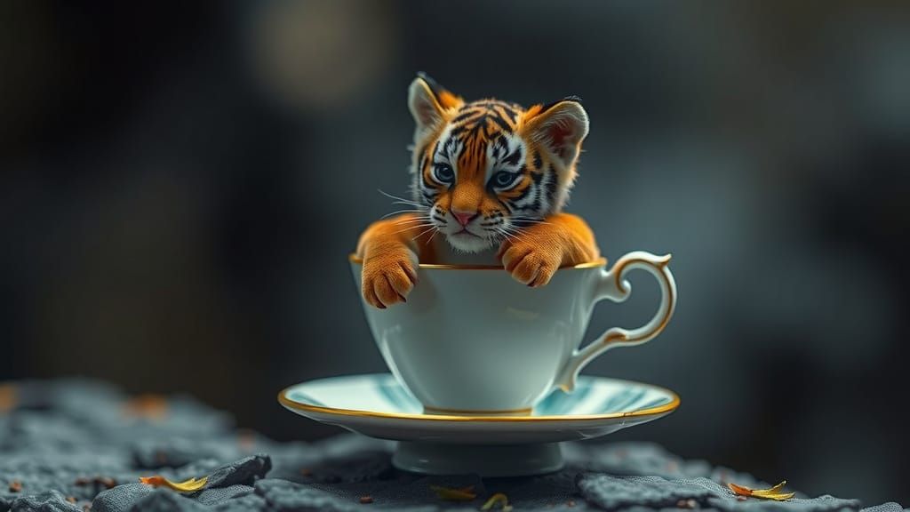 Whimsical Miniature Tiger in a Teacup