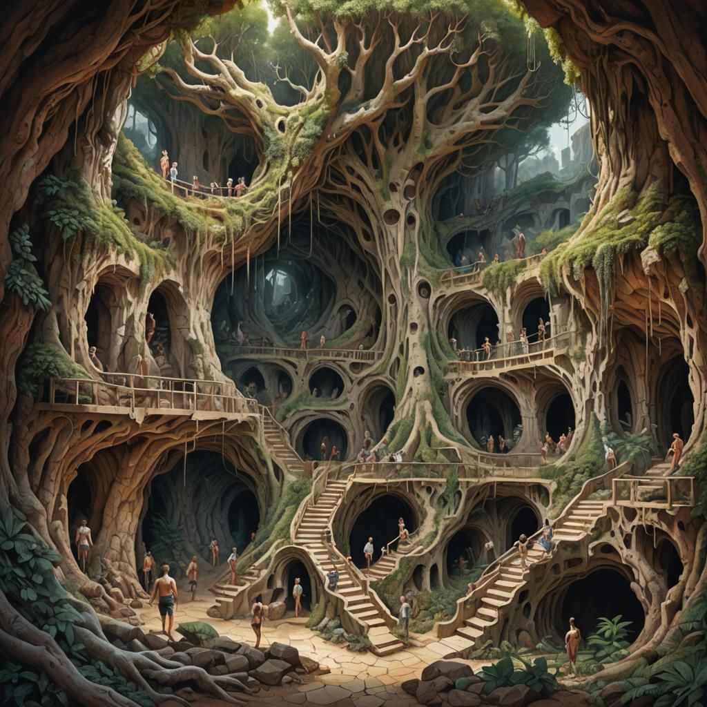 Fantasy Caves Maze Cutaway Diagram in Expressionism Style