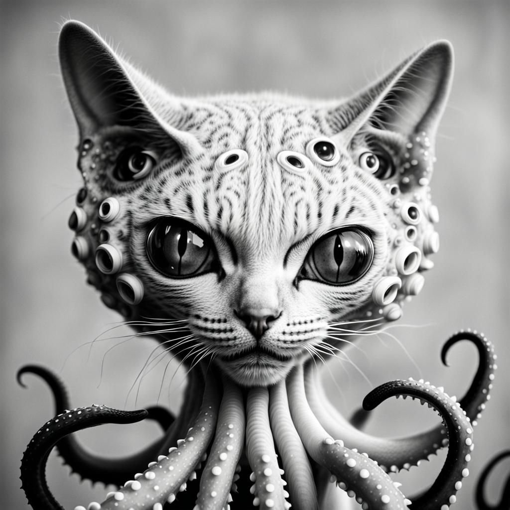 Monochrome Portrait of Tentacled Alien Cat