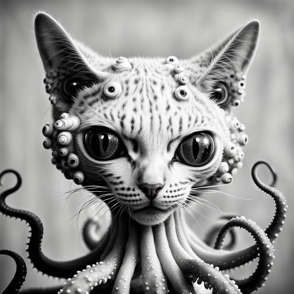 Mysterious Tentacled Feline in Monochromatic Portrait