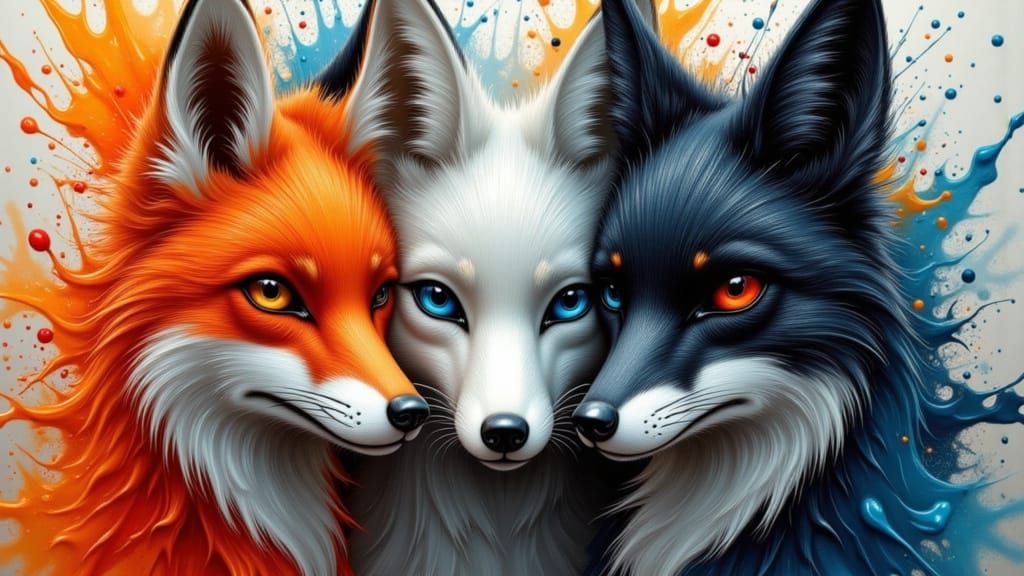 Close up of three Whimsical foxes
