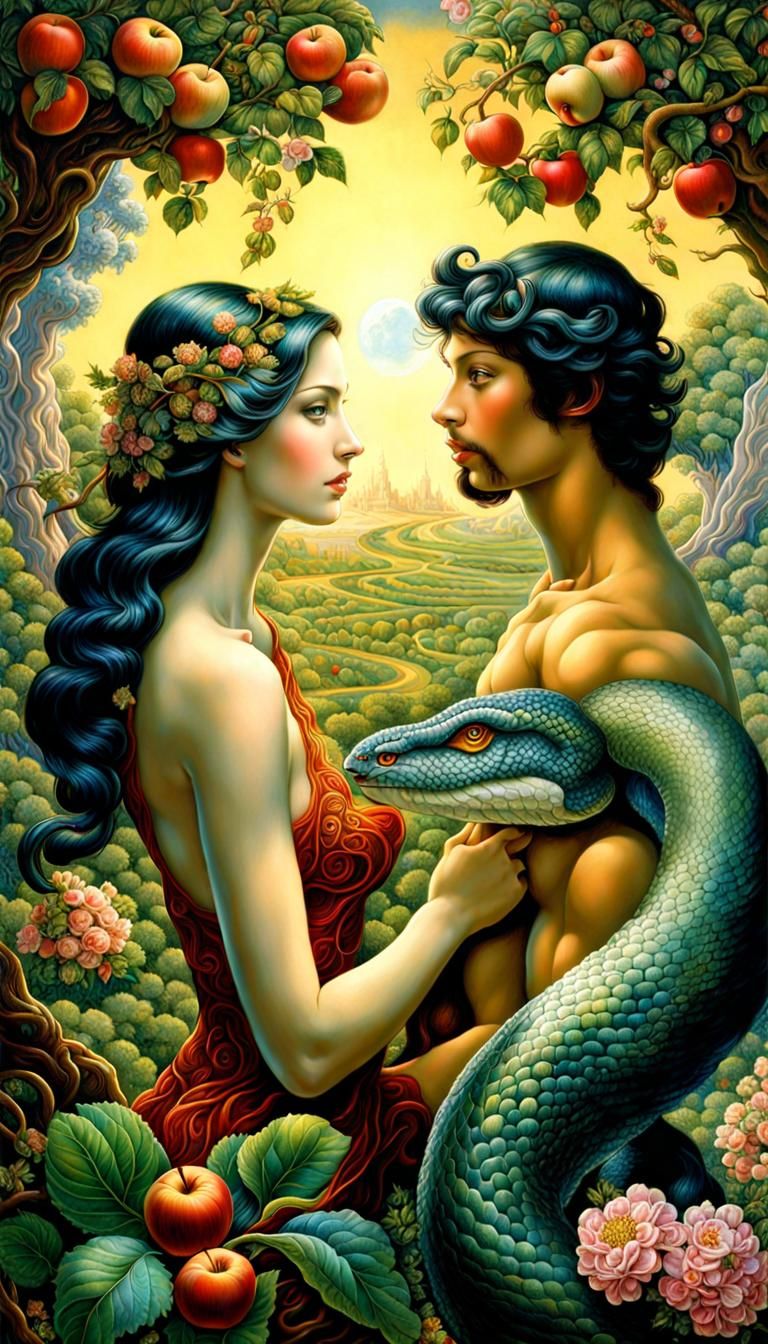 Adam and Eve Flirting in Eden: Detailed Fantasy Art