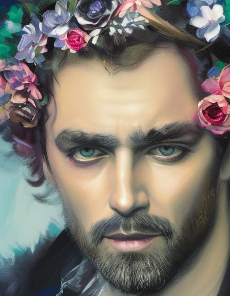 Punk Man with Flower Crown in Oil Painting Style