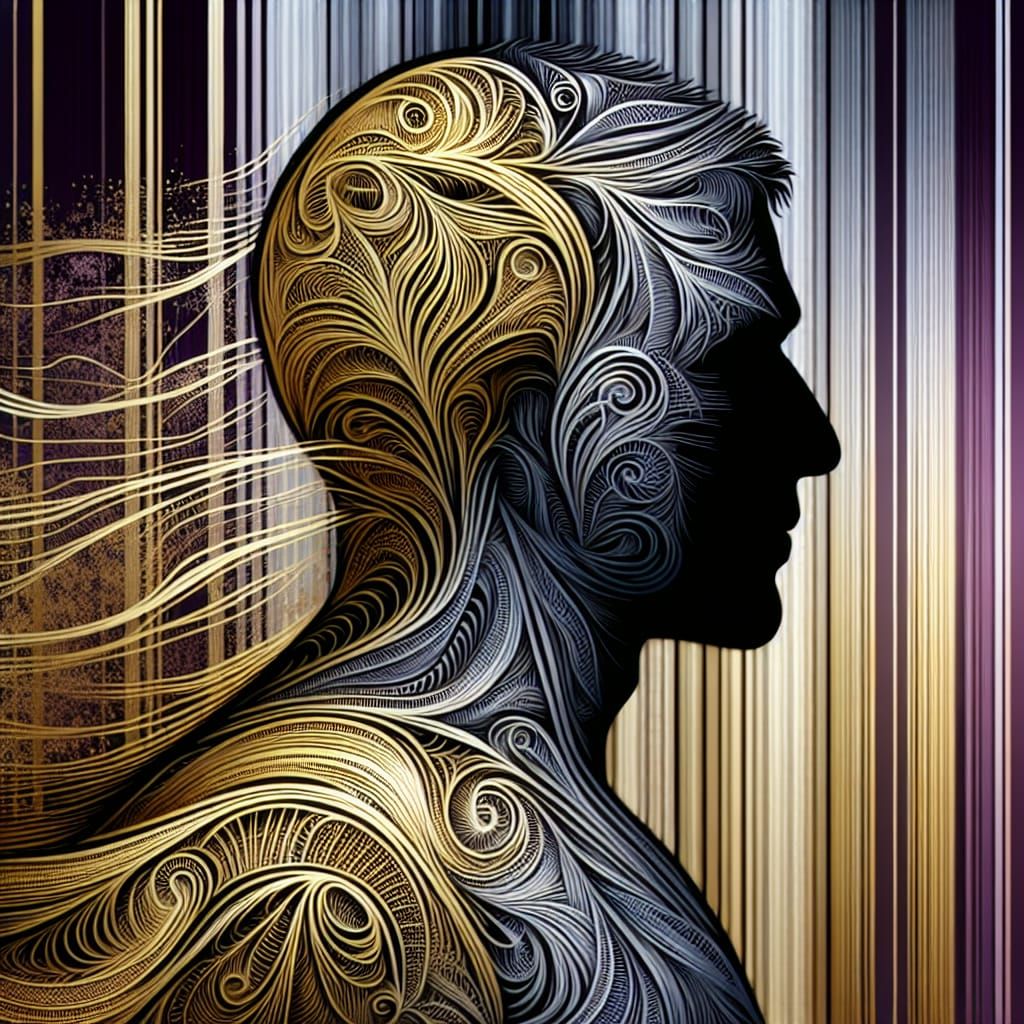 Golden Filigree Man Silhouette on Streaked Background