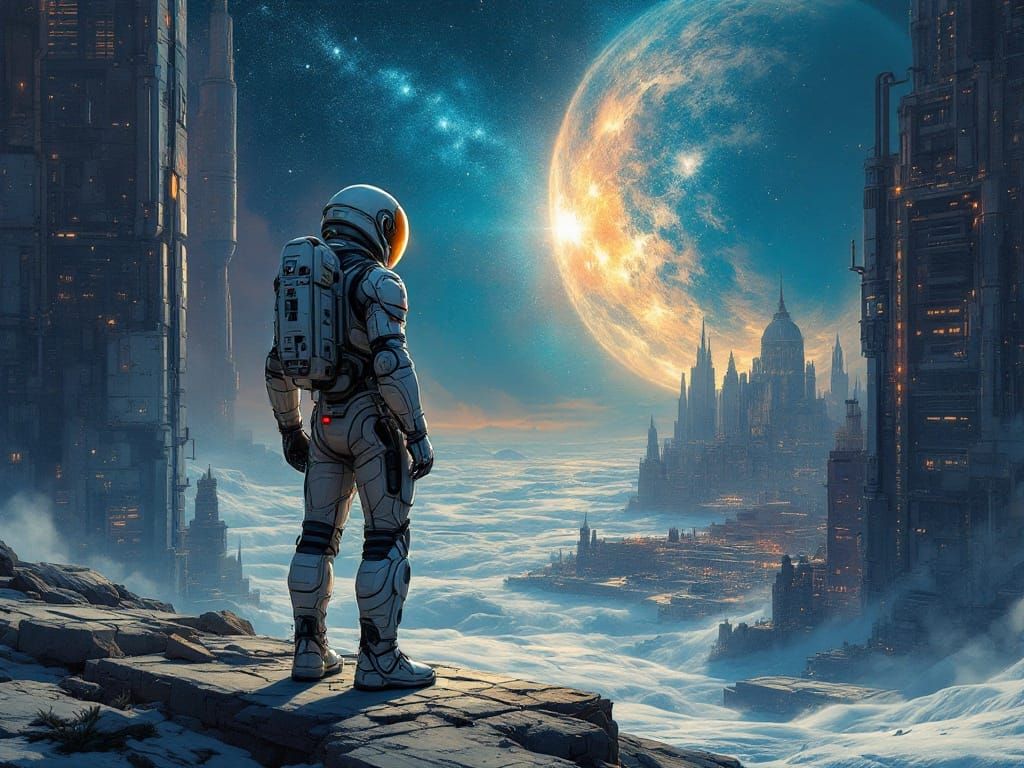 Futuristic Cosmonaut Stands at Edge of Starry Expanse