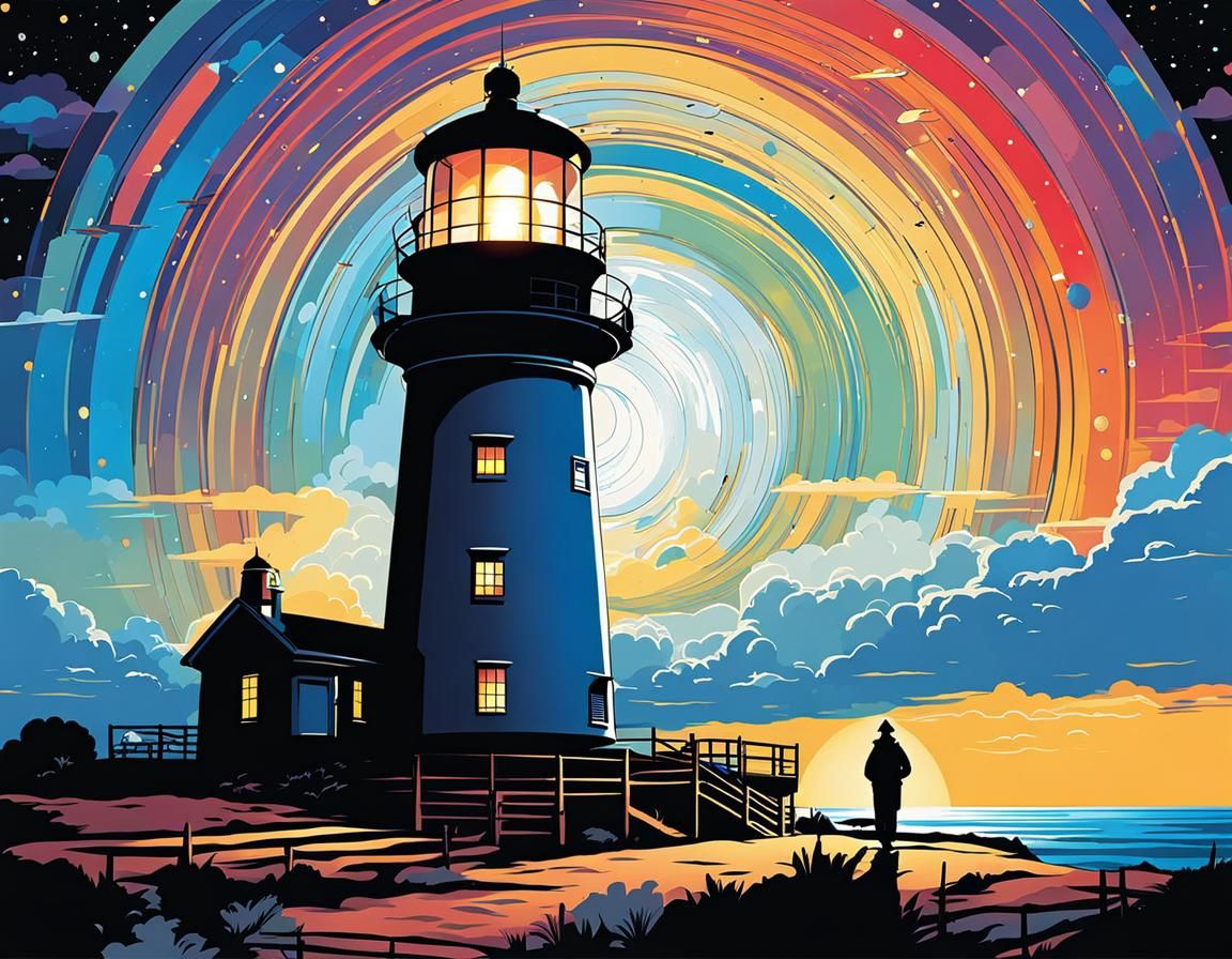 Cosmic Lighthouse Illustration in Inkpunk Style