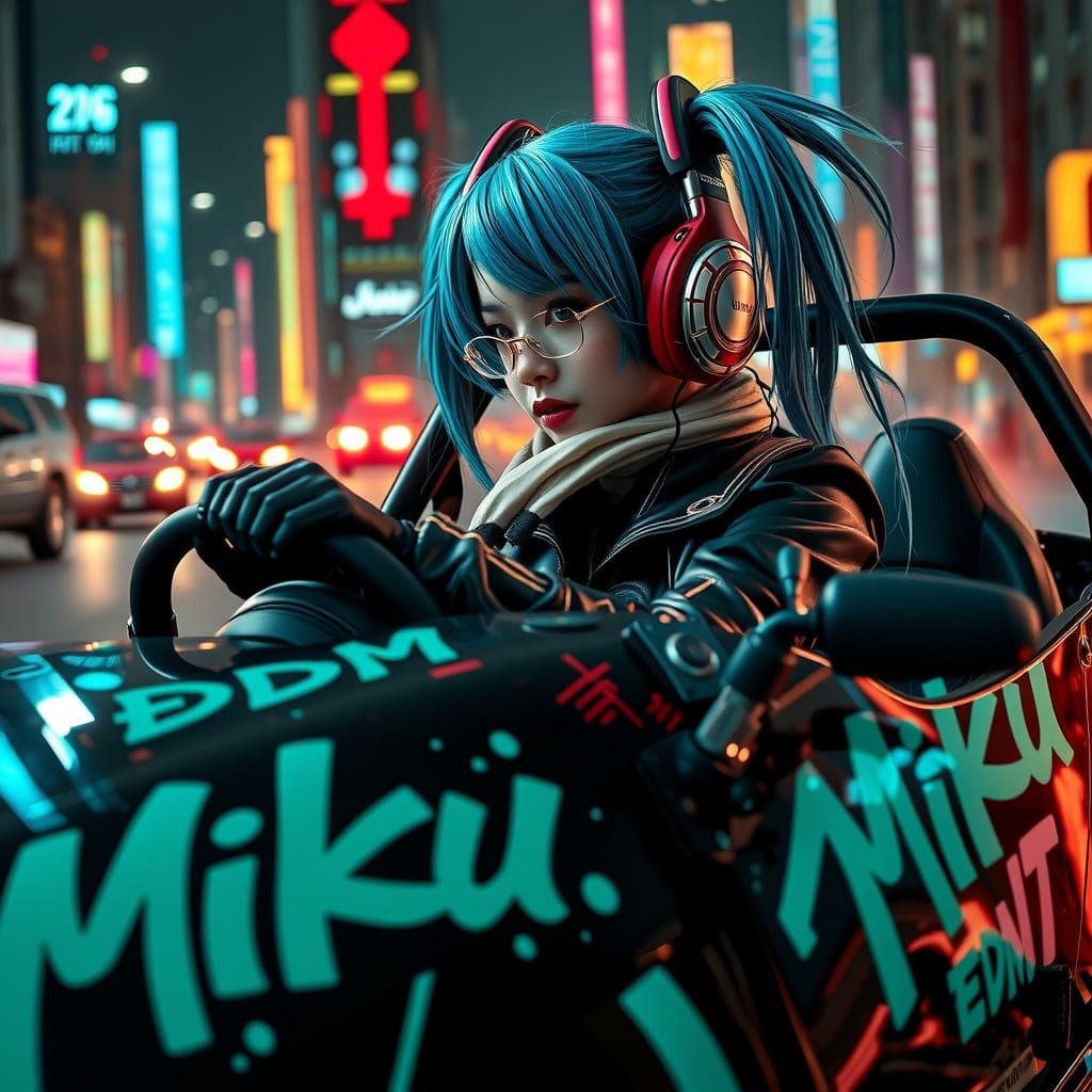 Cyberpunk Dystopian Road Queen Hatsune Miku Speeds Through N...