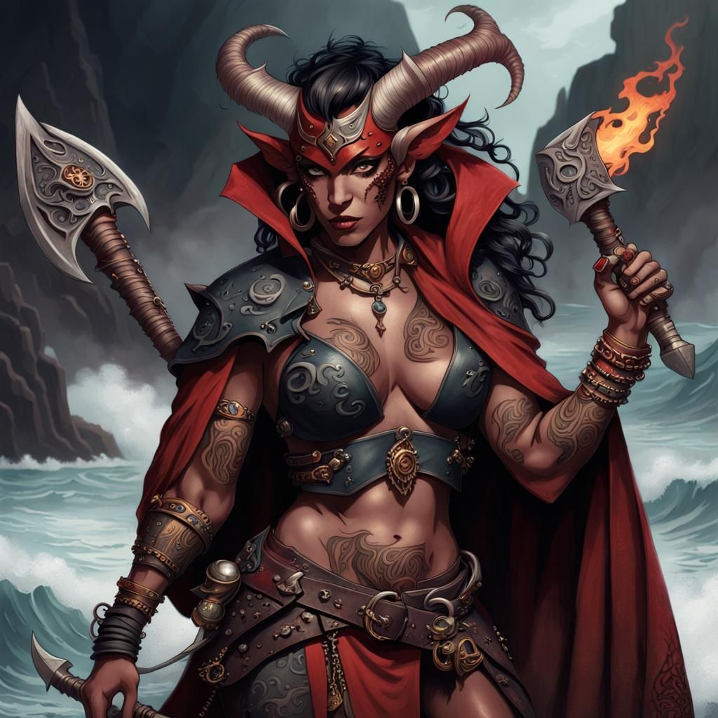 Tiefling Pirate Barbarian with Obsidian Skin and Runes