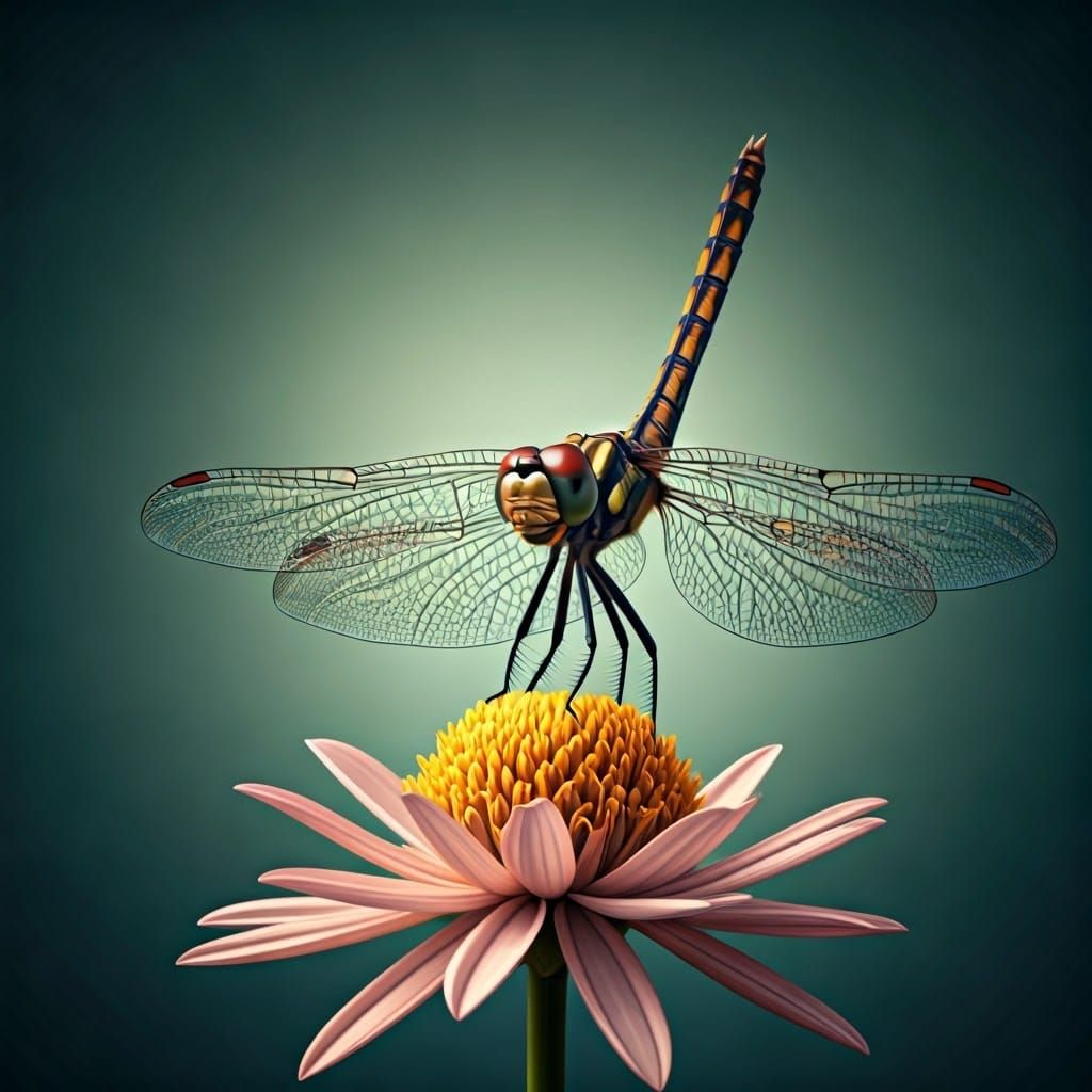 Dragonfly on Blooming Flower in Surreal Style