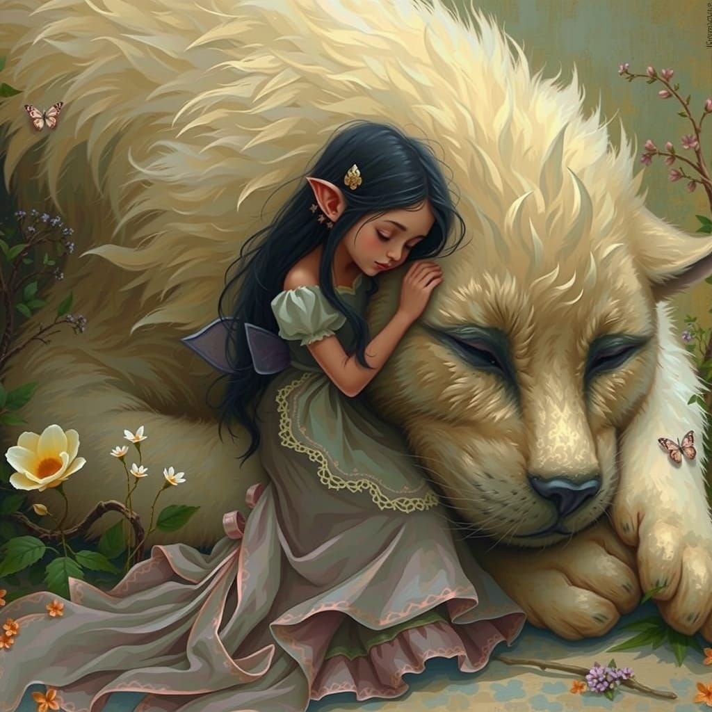 Surreal Whimsy: Ivory Cat and Raven-Haired Fairy in Slumber