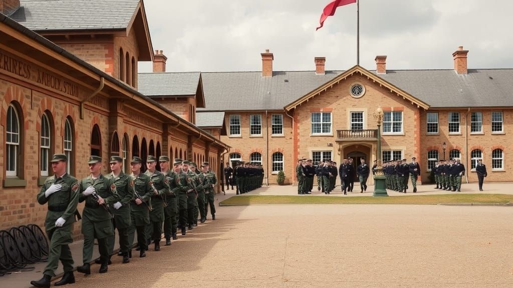 Army Barracks with Soldiers on Parade