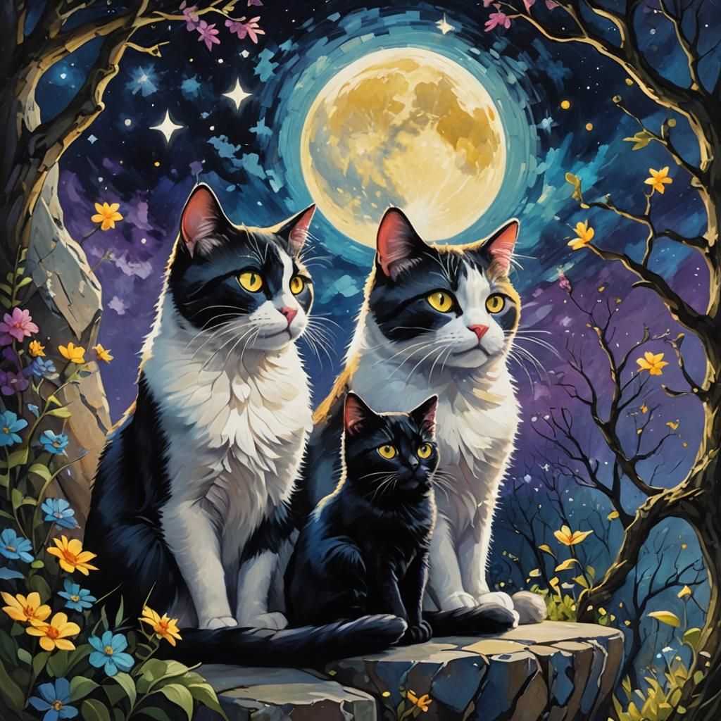 Cats Gazing at Moon in Fantasy Oil Painting