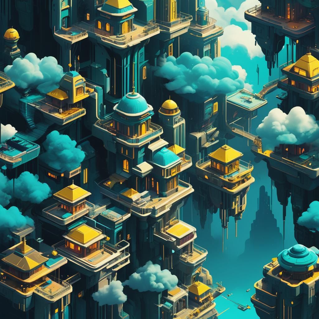Teal and Yellow Cloud City in Digital Painting Style