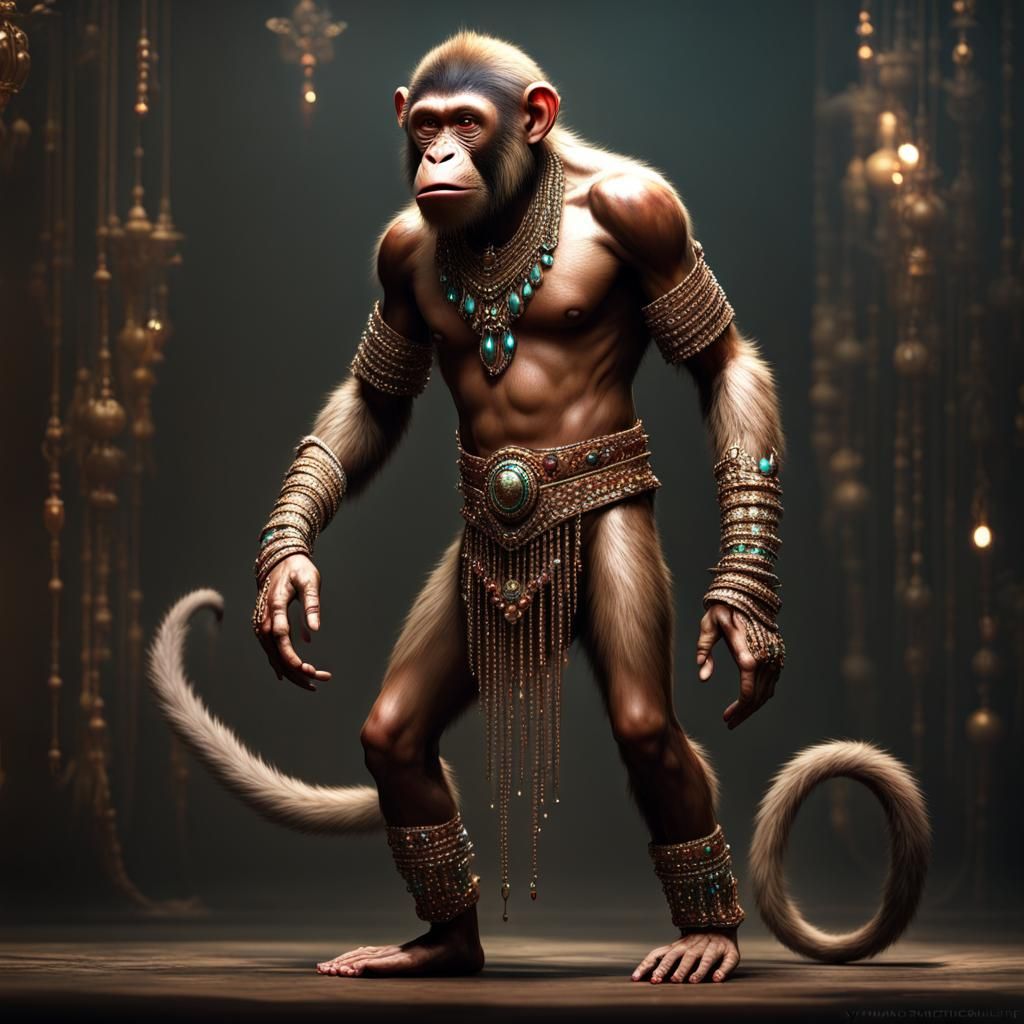 Humanoid Ape with Jeweled Tail: Dark Fantasy Art