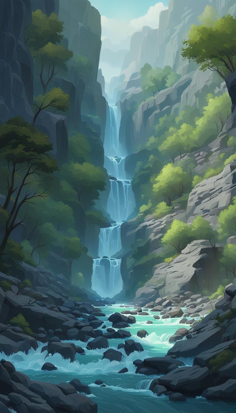 Shimmering Gorge with Cascading Light, Digital Art