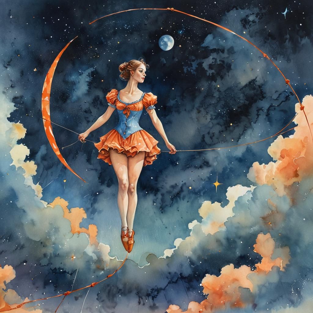 Circus Tightrope Walker Above Earth in Watercolor